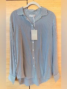 Everlane Black & White Vertical Stripe Button-Down Shirt, 100% Silk